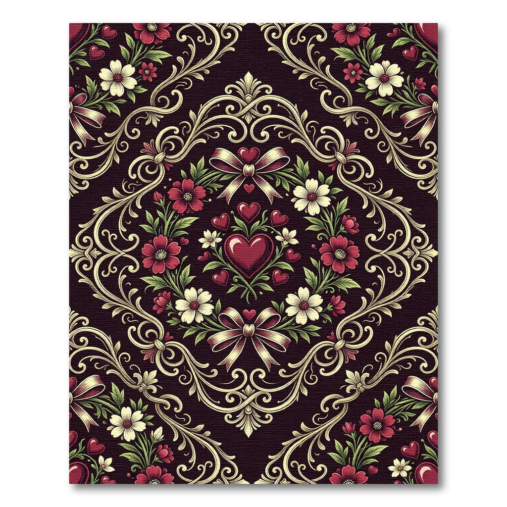 Romantic Dark Floral Heart Damask Rug