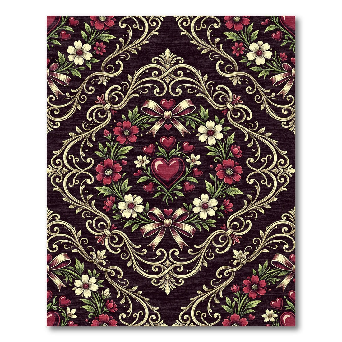 Romantic Dark Floral Heart Damask Rug