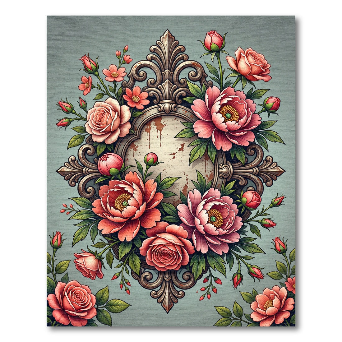 Ornate Pink Peony Rose Floral Cameo Rug