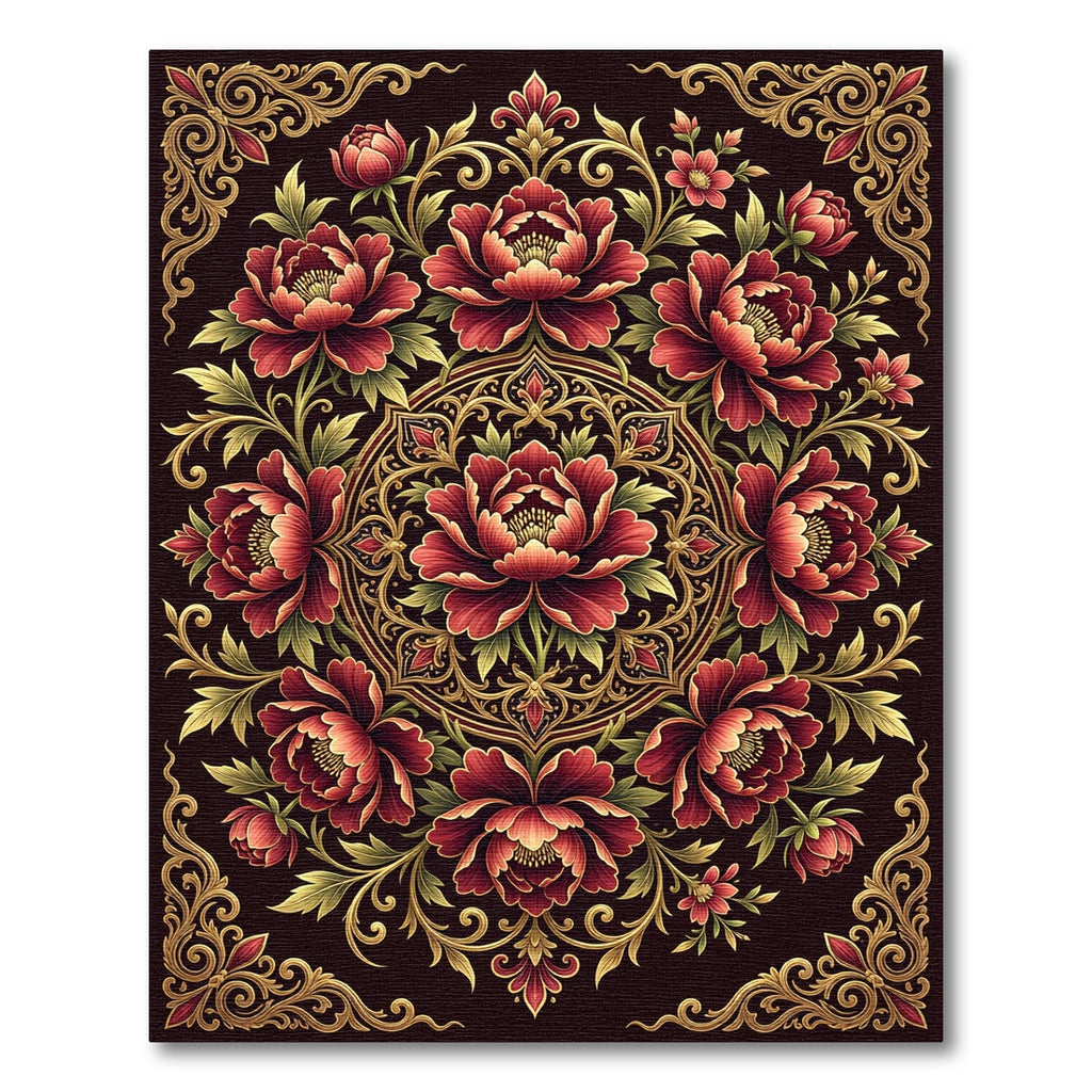 Gold Ornate Crimson Peony Medallion Rug