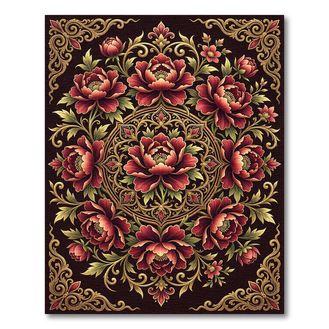 Gold Ornate Crimson Peony Medallion Rug