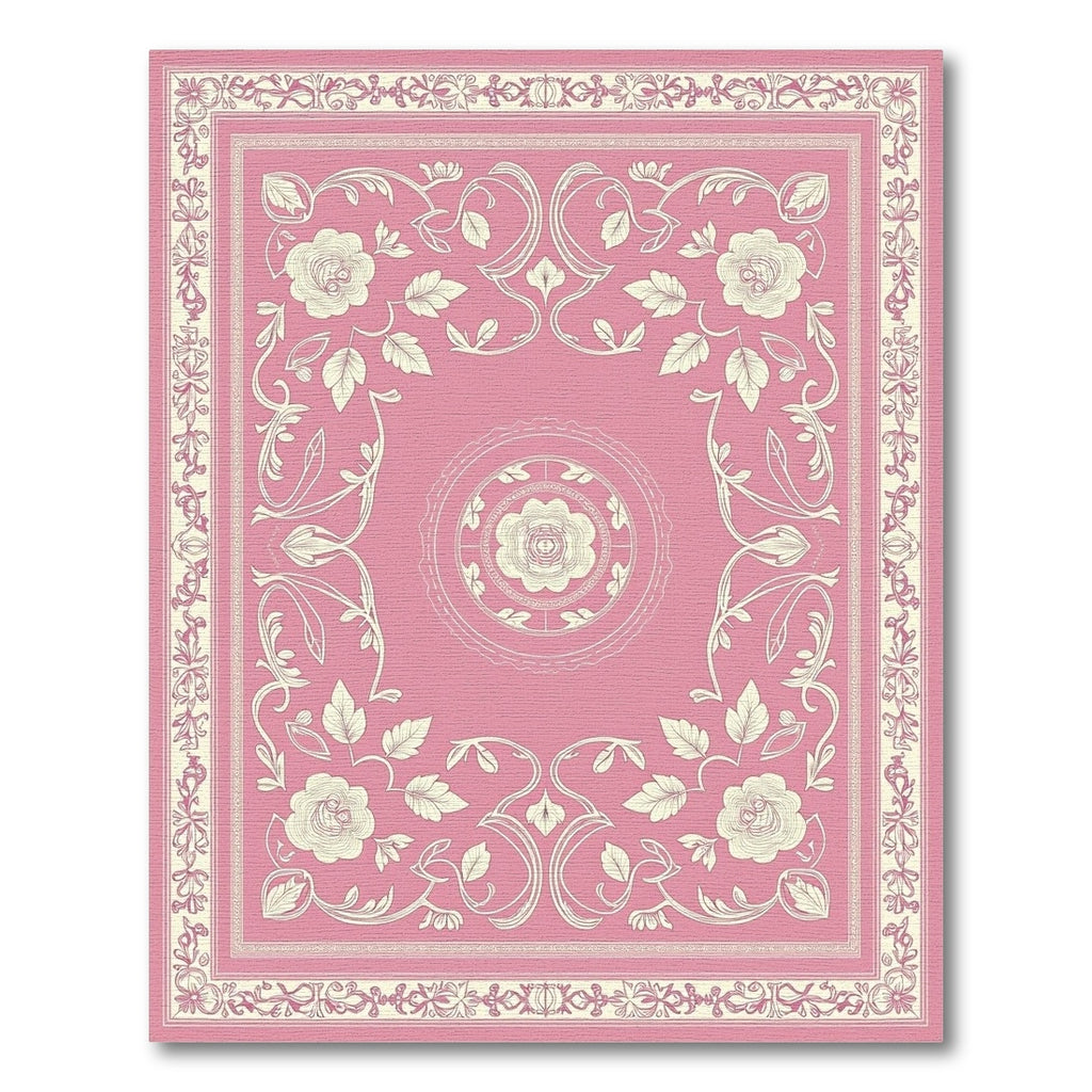 Pink Floral Arabesque Border Rug