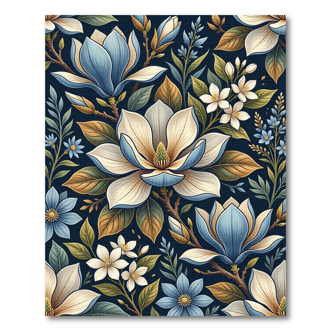 Exotic Blue White Magnolia Botanical Garden Rug
