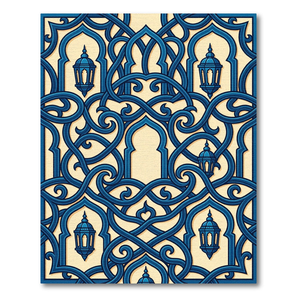 Intricate Blue Lantern Arabesque Scroll Rug