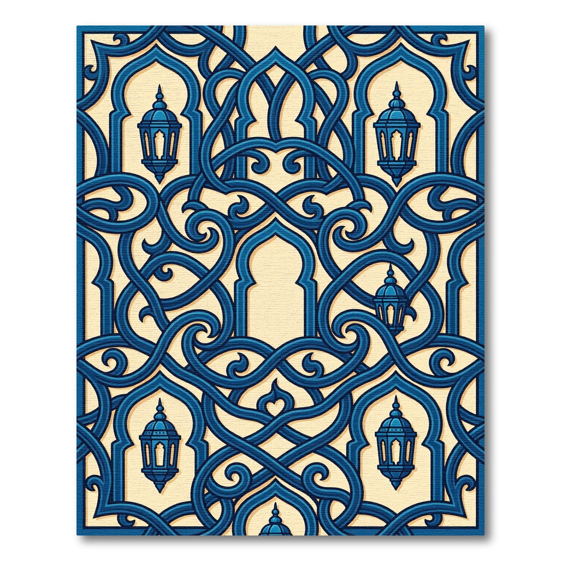 Intricate Blue Lantern Arabesque Scroll Rug