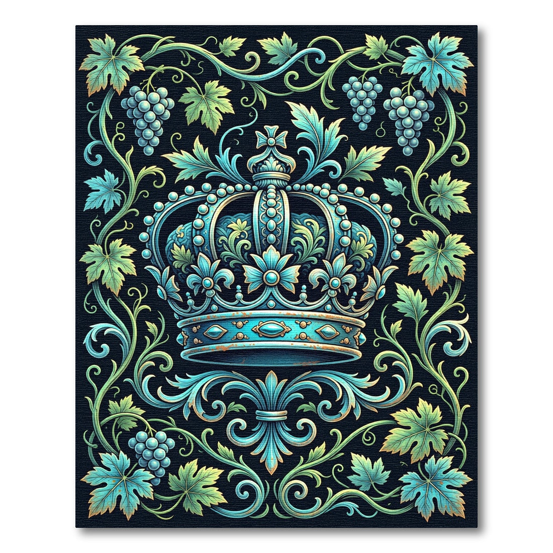 Ornate Teal Crown Grape Vine Crest Rug