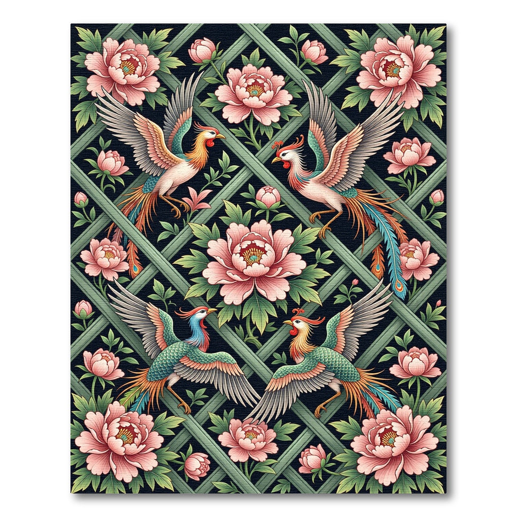 Floral Peony and Phoenix Lattice Rug