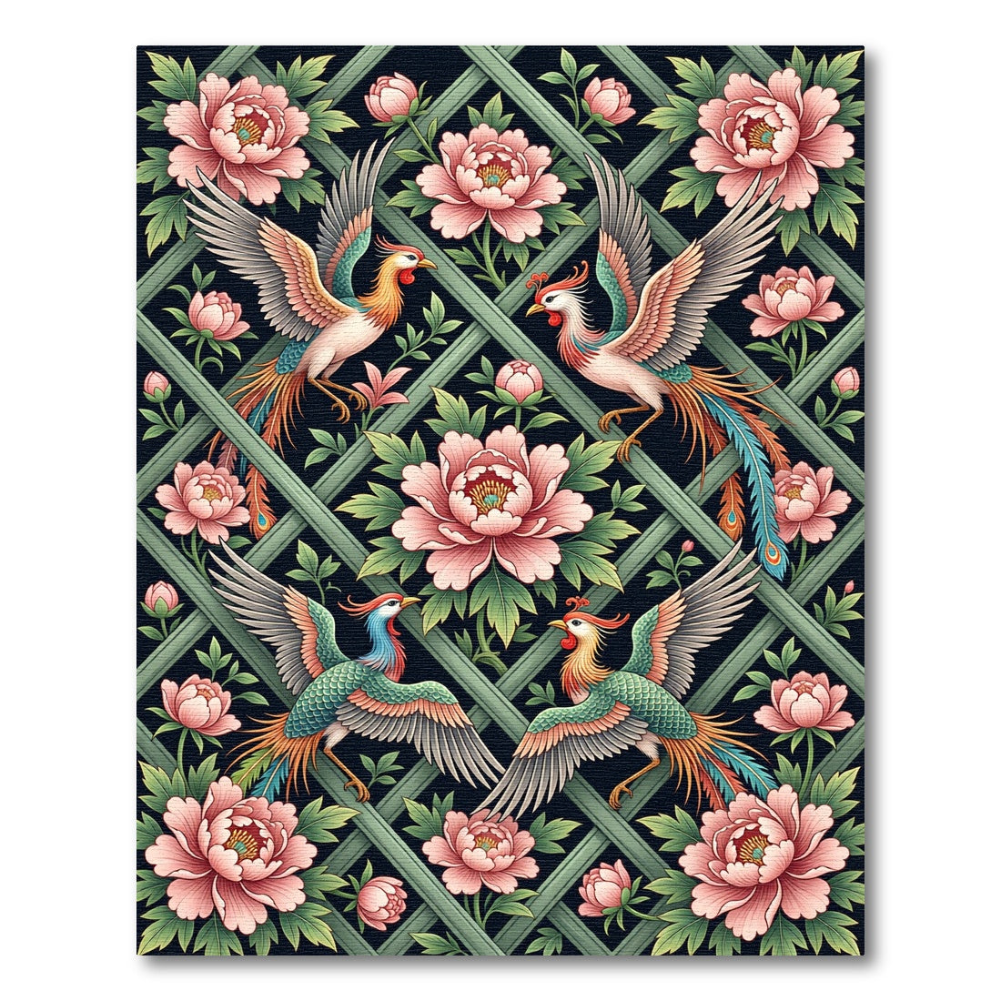 Floral Peony and Phoenix Lattice Rug
