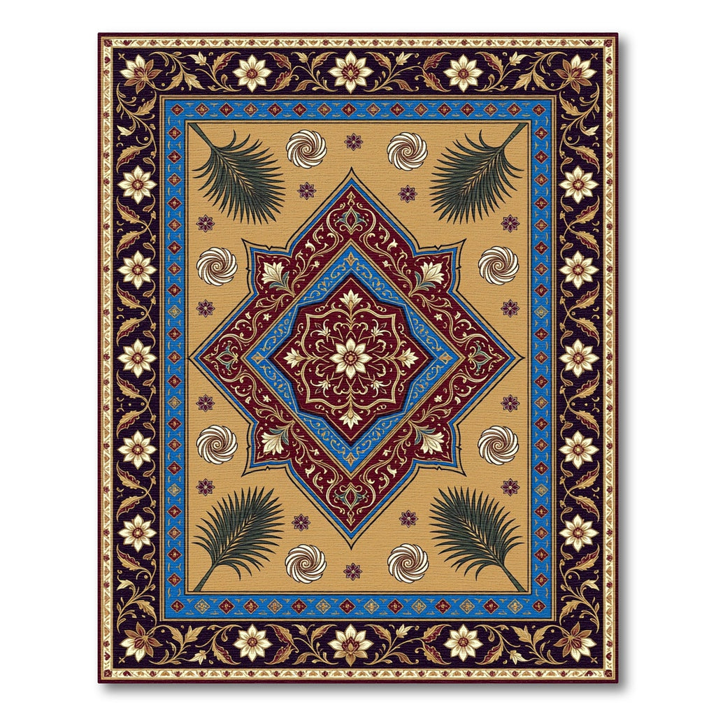 Rich Burgundy Blue Floral Medallion Rug