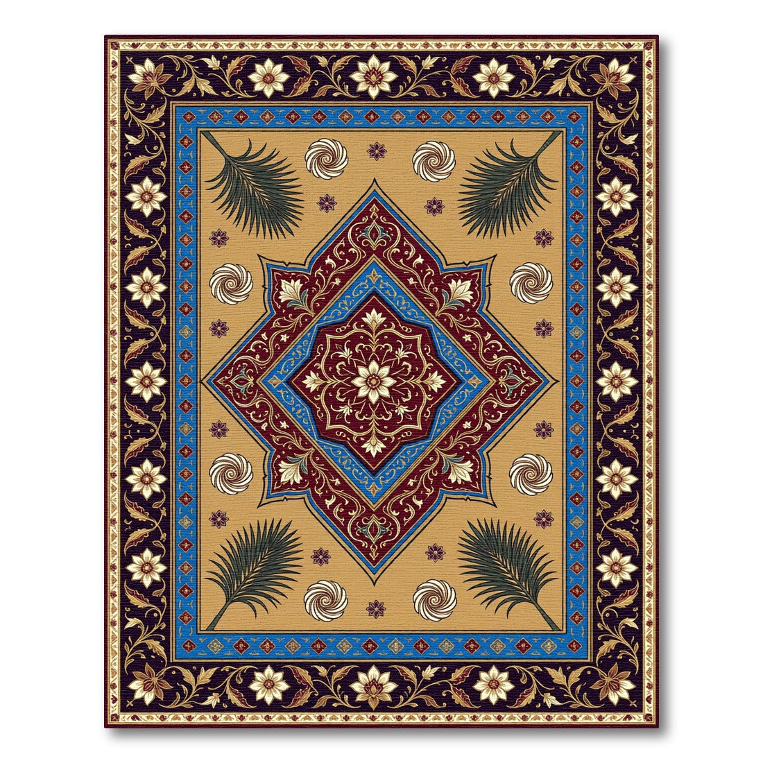 Rich Burgundy Blue Floral Medallion Rug