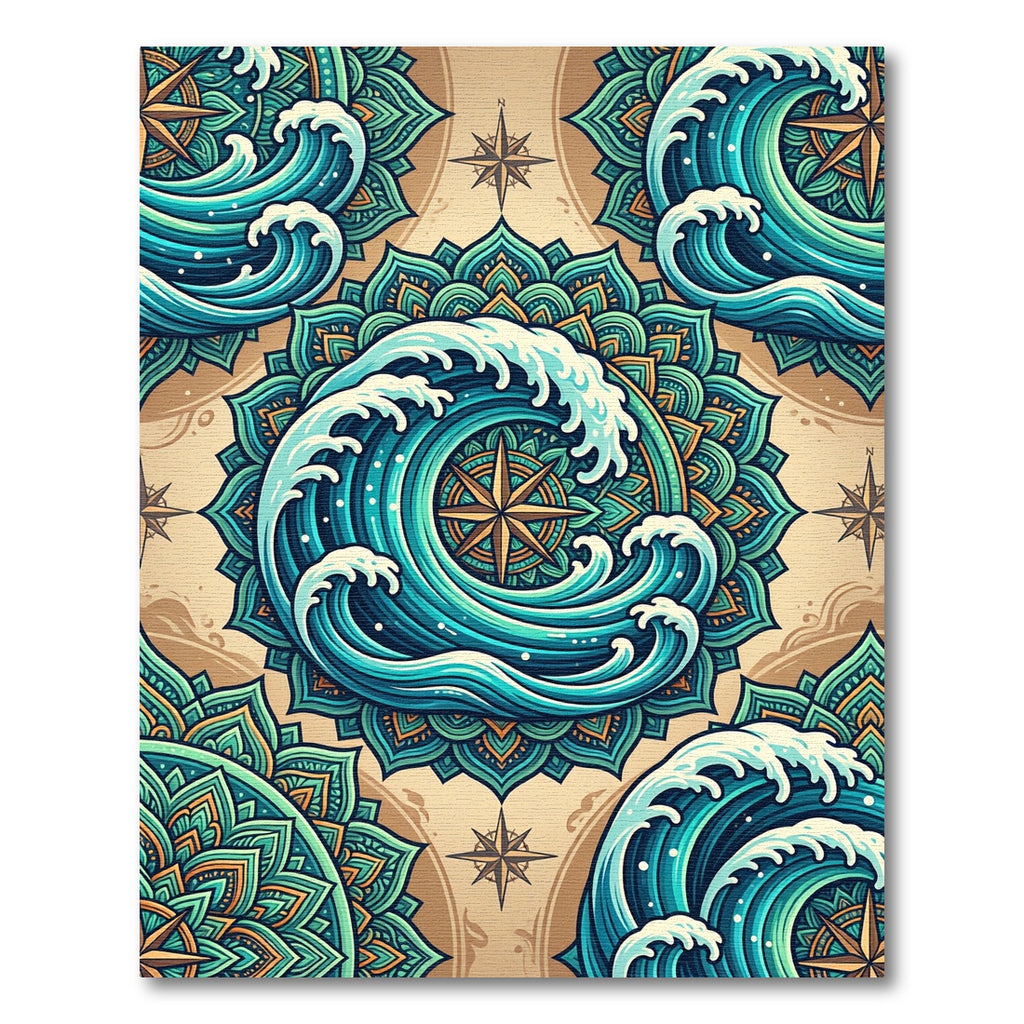 Teal Oceanic Mandala Compass Wave Illustration Rug