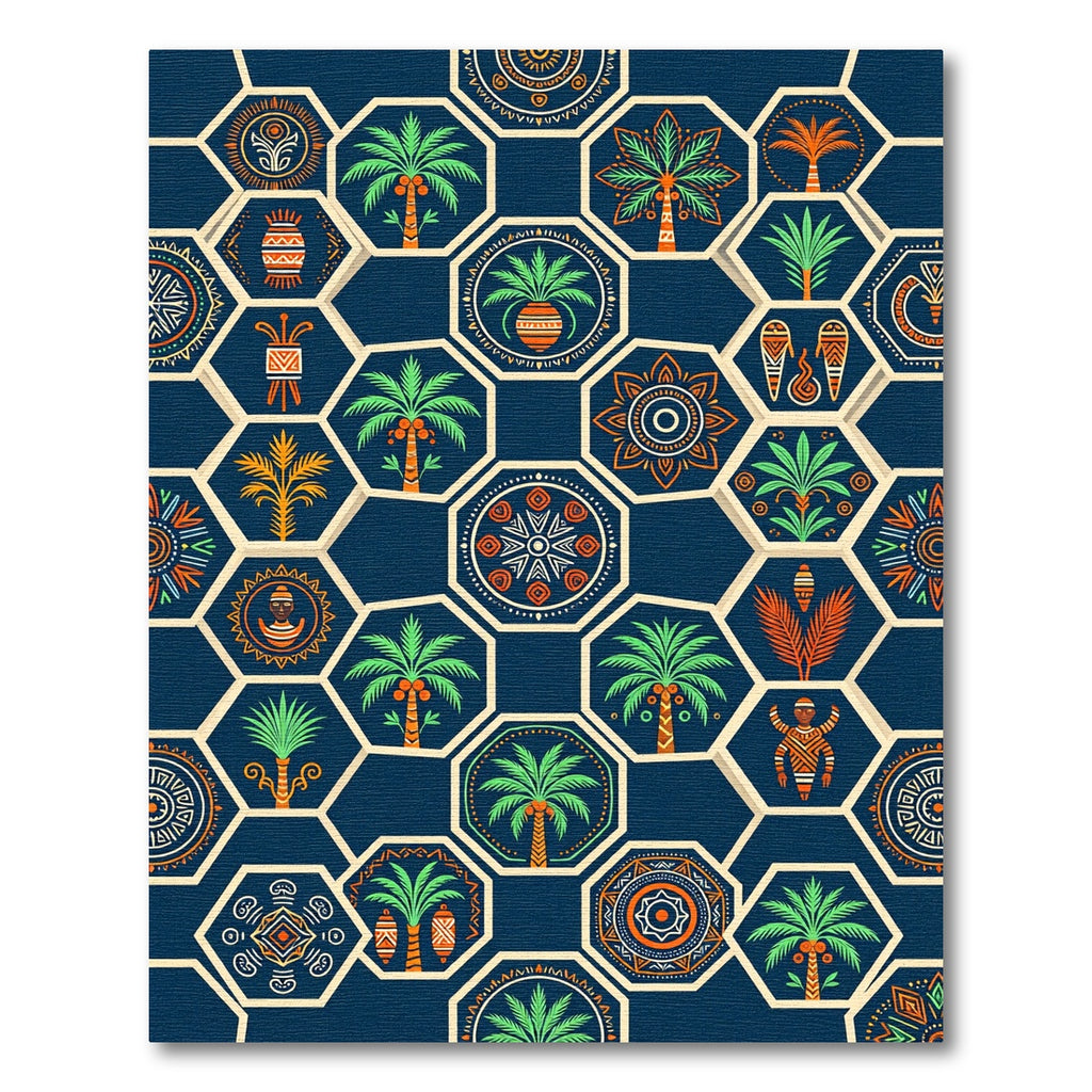 Navy Aztec Palm Geometric Hexagon Rug