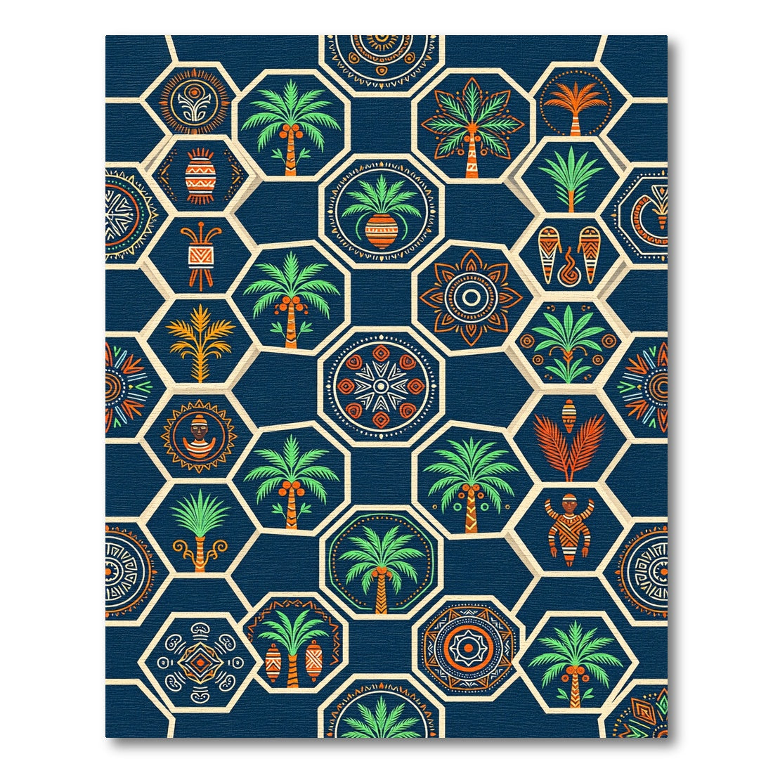 Navy Aztec Palm Geometric Hexagon Rug