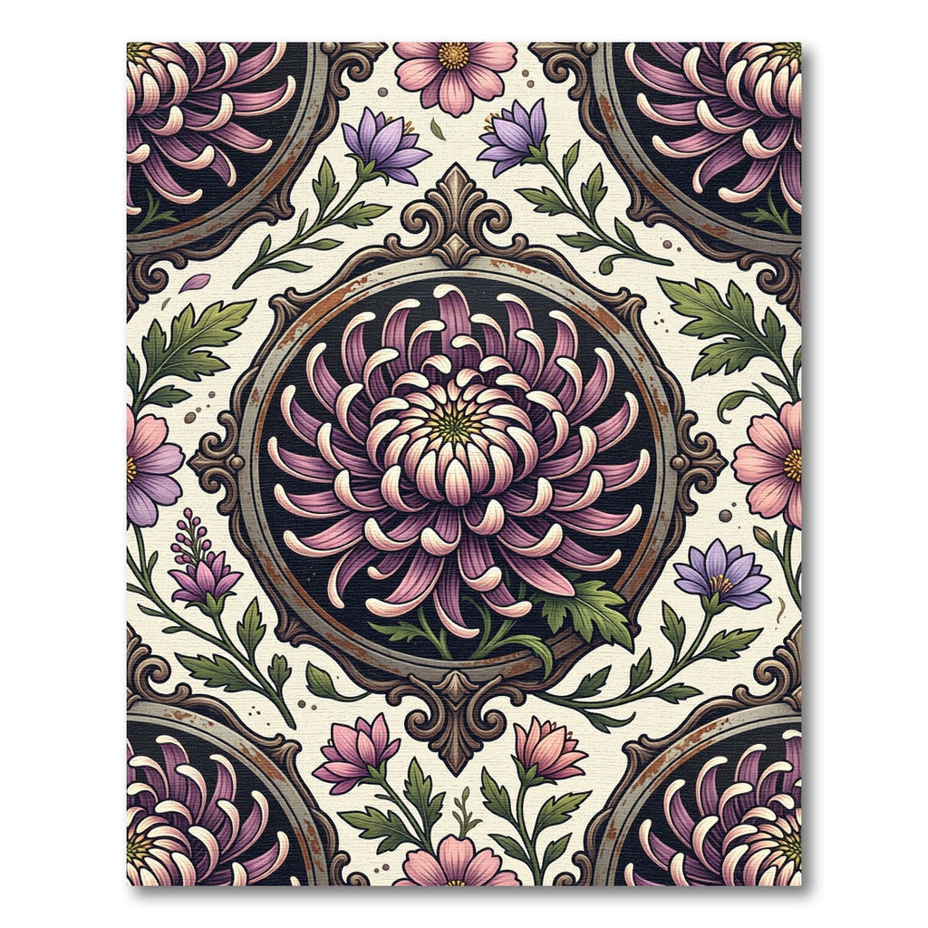 Vintage Mauve Chrysanthemum Floral Medallion Rug