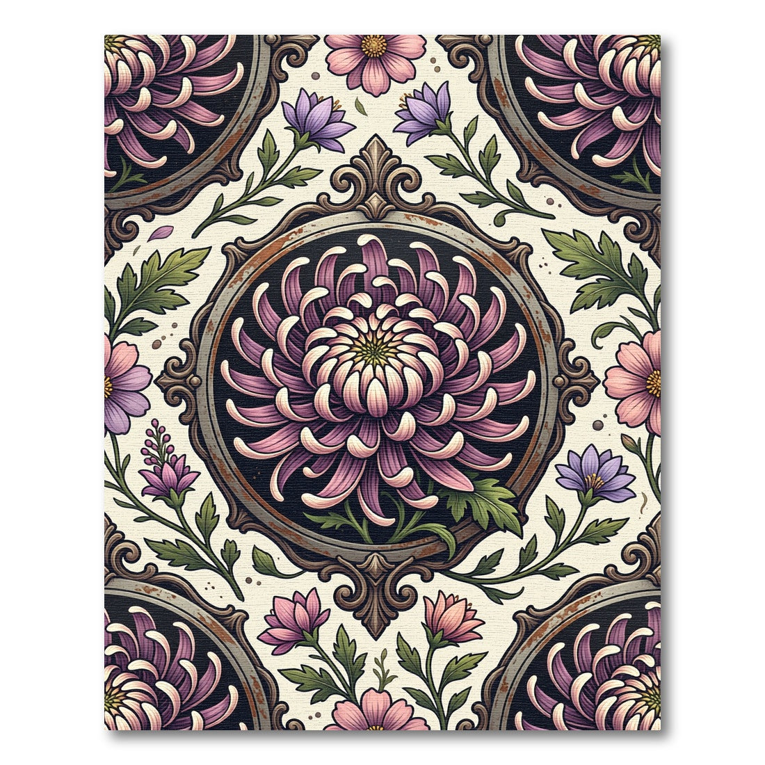 Vintage Mauve Chrysanthemum Floral Medallion Rug