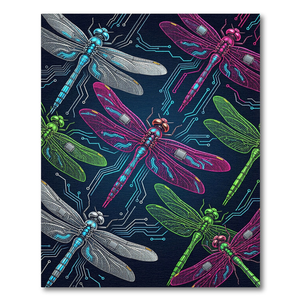 Neon Cybernetic Dragonfly Circuit Art Rug