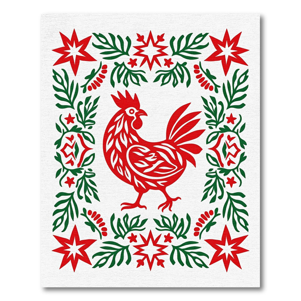 Red Rooster Green Floral Star Border Rug
