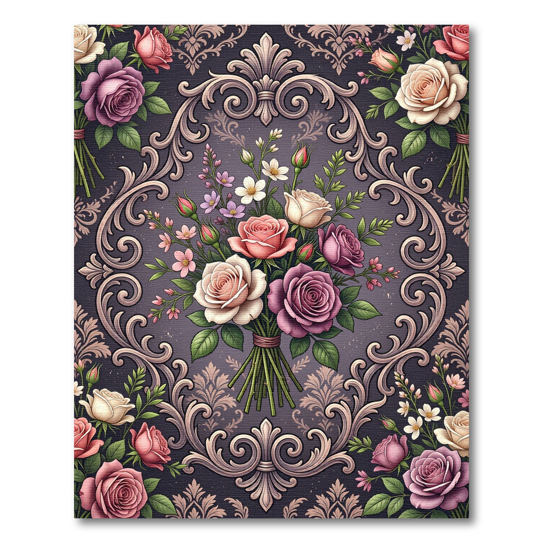 Ornate Victorian Rose Bouquet Damask Rug