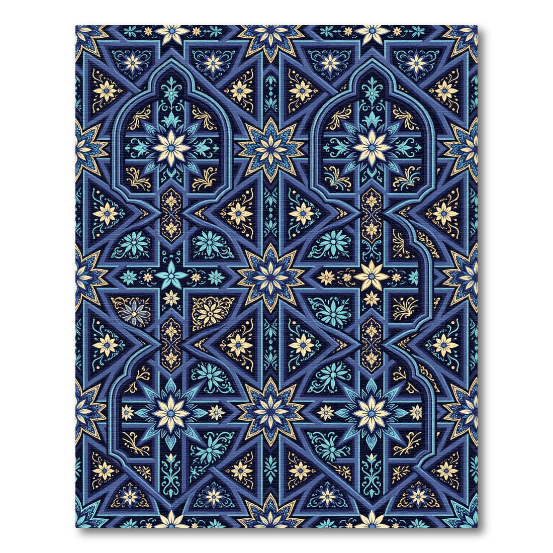 Intricate Navy Gold Floral Geometric Tile Rug