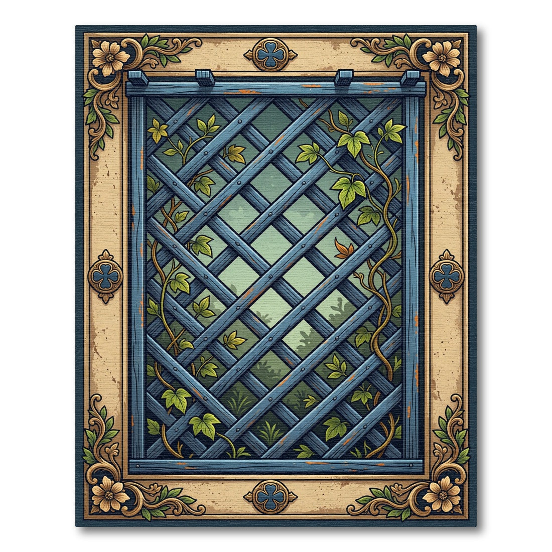Blue Lattice Garden Vine Trellis Rug