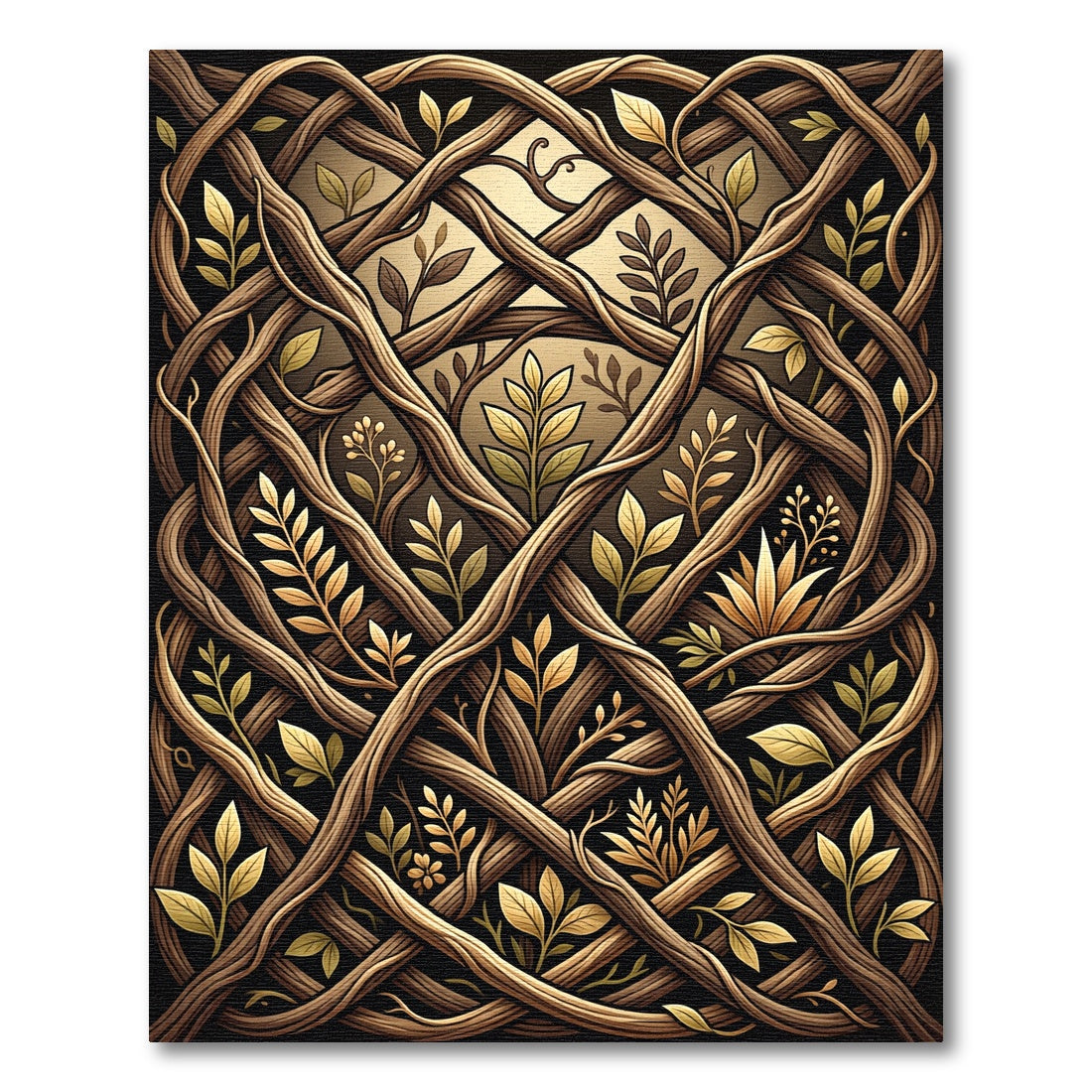 Brown Intertwined Wood Leaf Pattern Rug