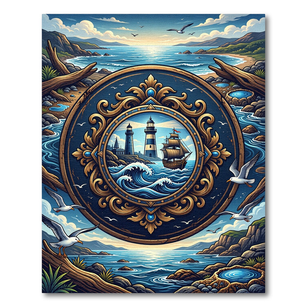 Nautical Navy Gold Lighthouse Emblem Rug