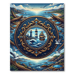 Nautical Navy Gold Lighthouse Emblem Rug