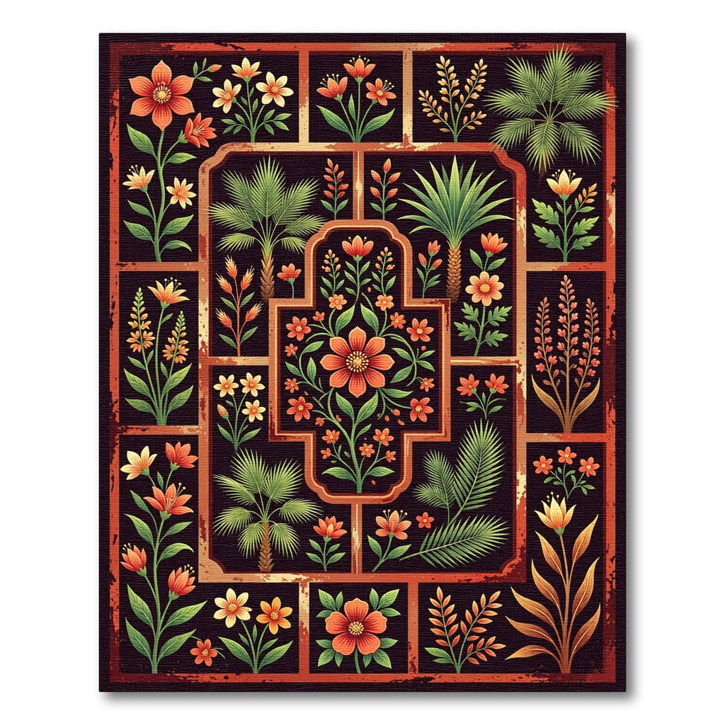 Ornate Crimson Botanical Grid Rug