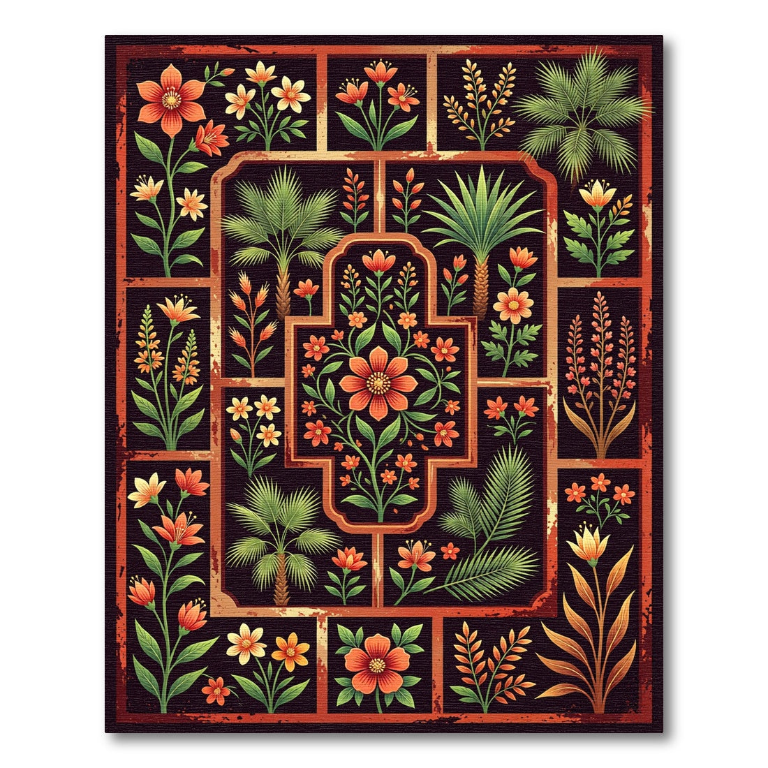 Ornate Crimson Botanical Grid Rug