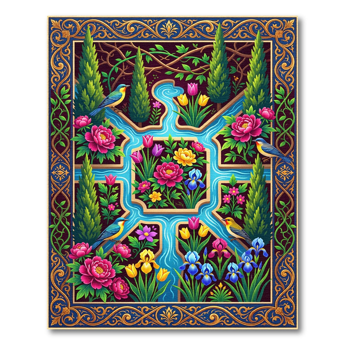 Vibrant Floral Garden with Exotic Birds Rug