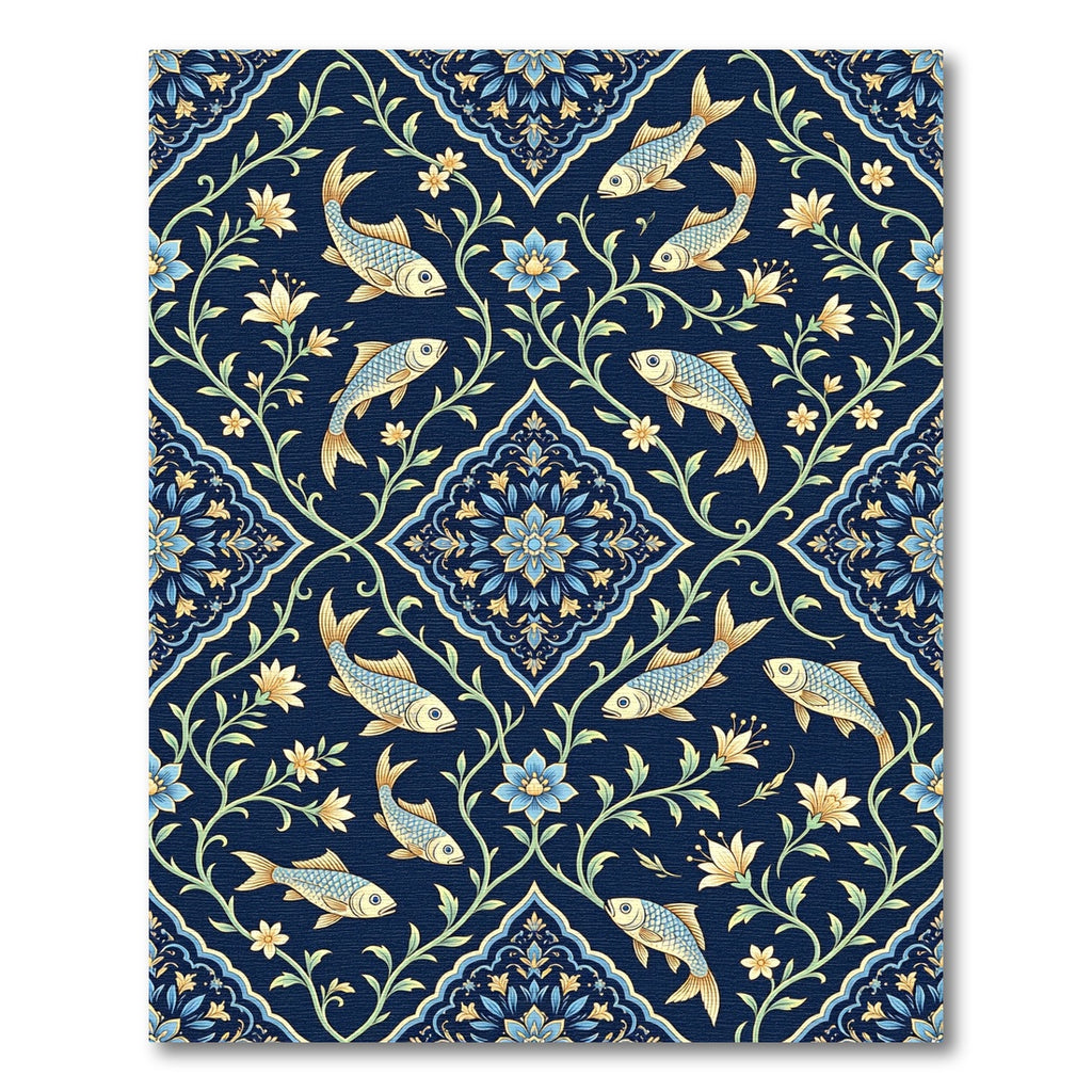Aquatic Blue Floral Fish Medallion Rug