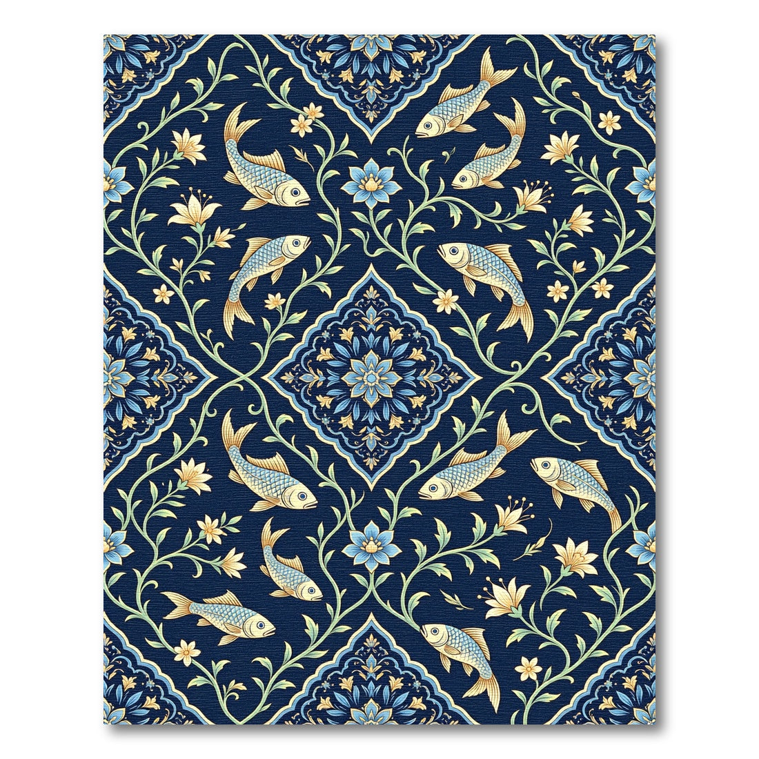 Aquatic Blue Floral Fish Medallion Rug