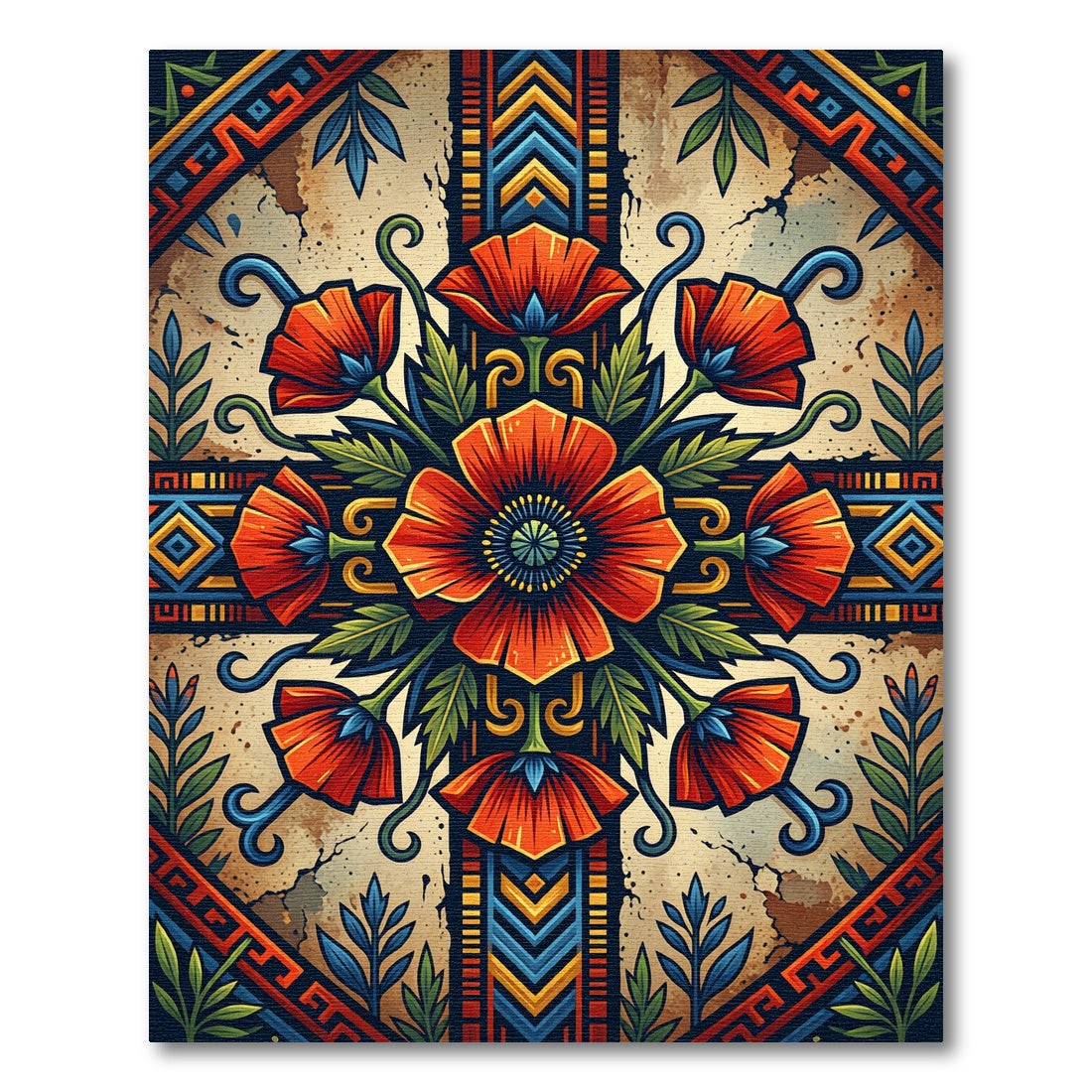 Vibrant Orange Poppy Floral Medallion Rug