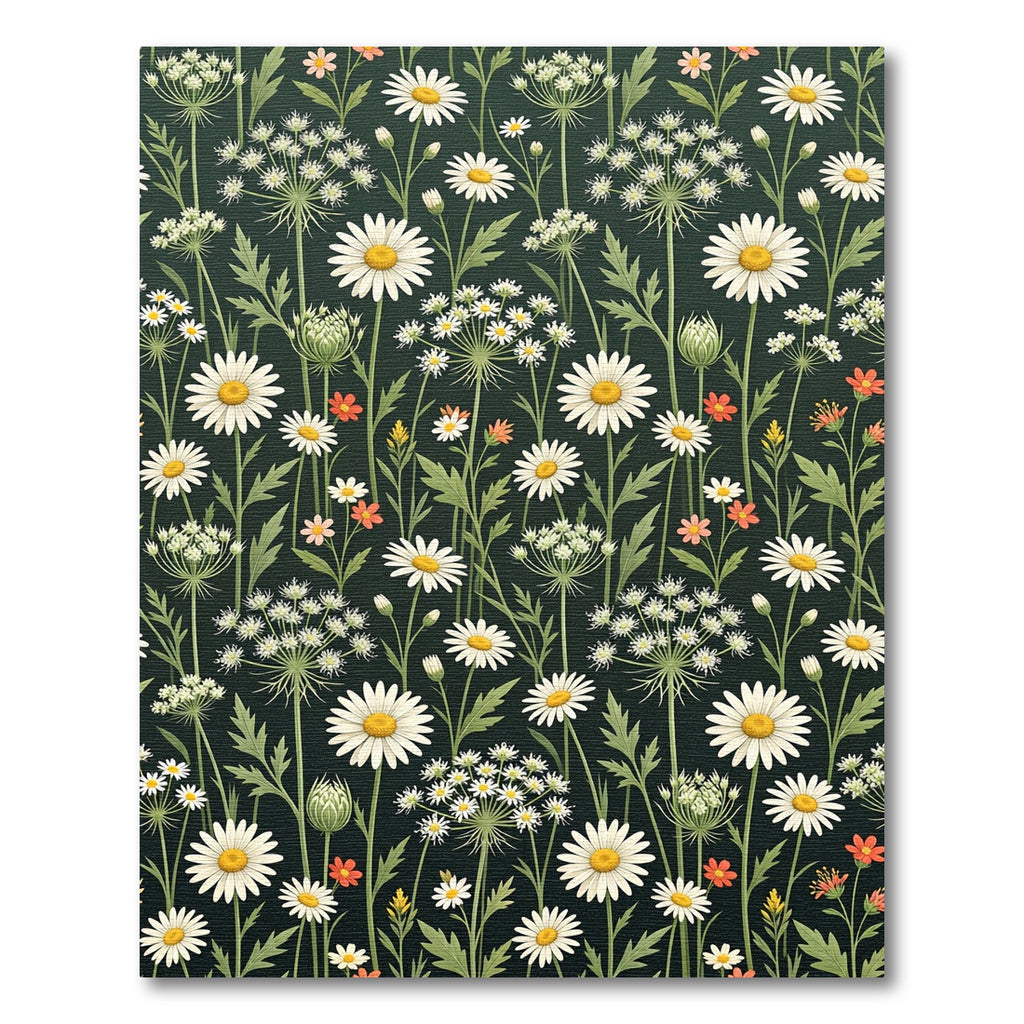 Dark Botanical Daisy Meadow Illustration Rug