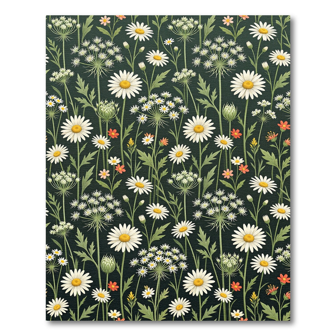 Dark Botanical Daisy Meadow Illustration Rug