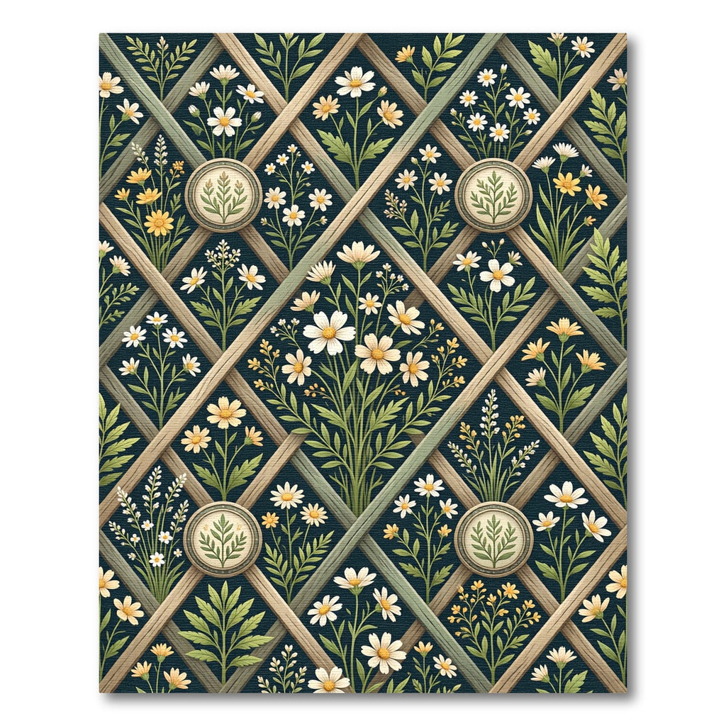 Dark Botanical Chamomile Trellis Lattice Rug