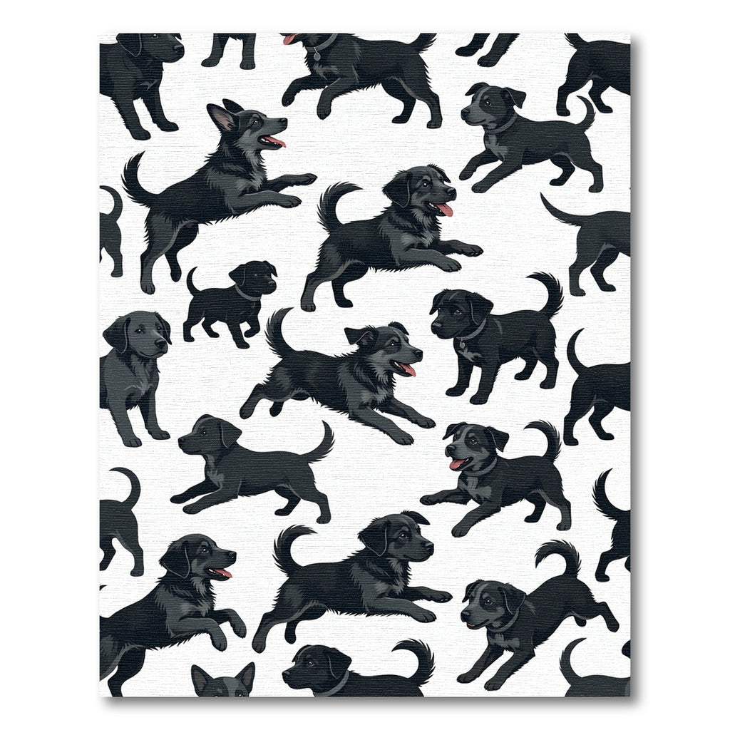 Playful Black Puppy Scattered Illustration Rug