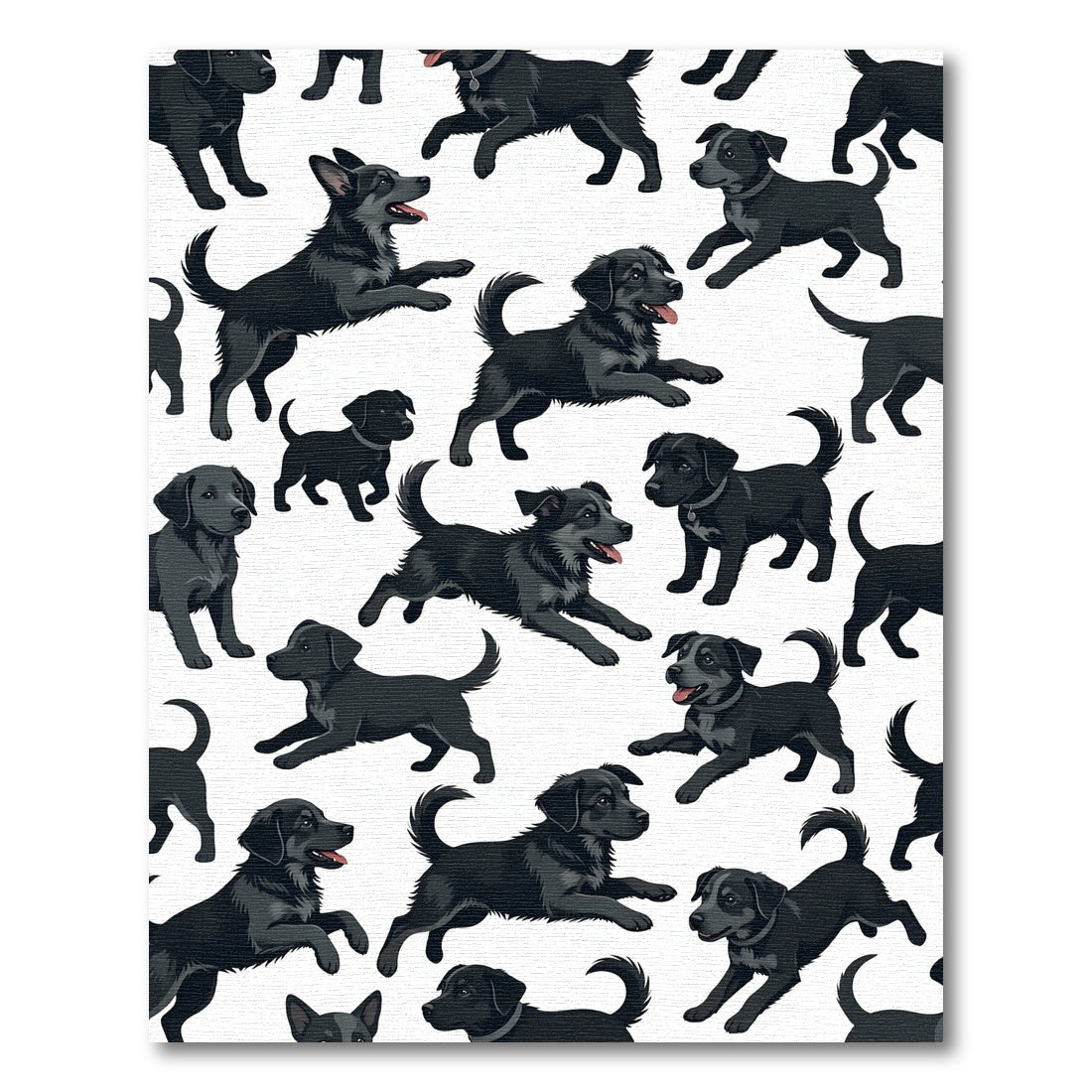 Playful Black Puppy Scattered Illustration Rug