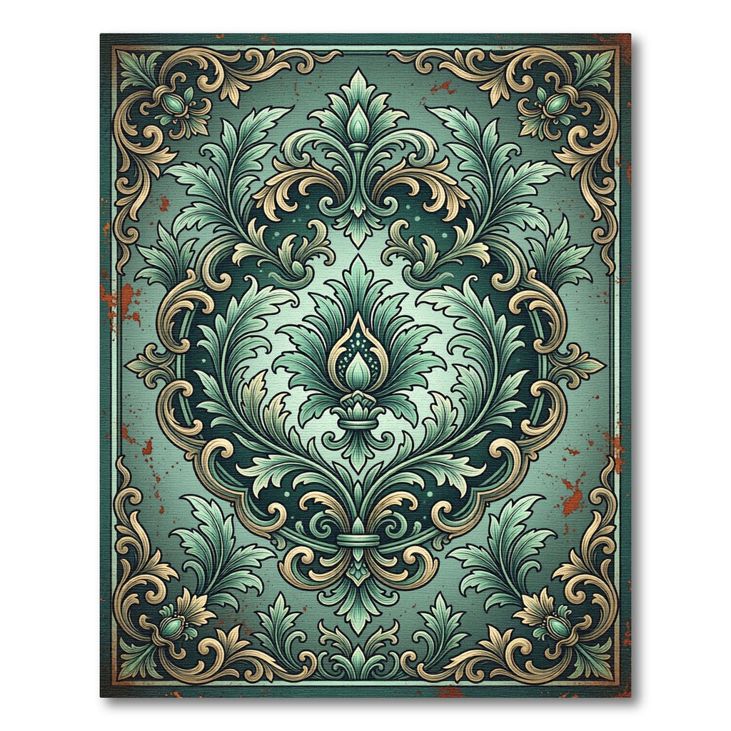 Antique Teal and Gold Acanthus Scroll Rug
