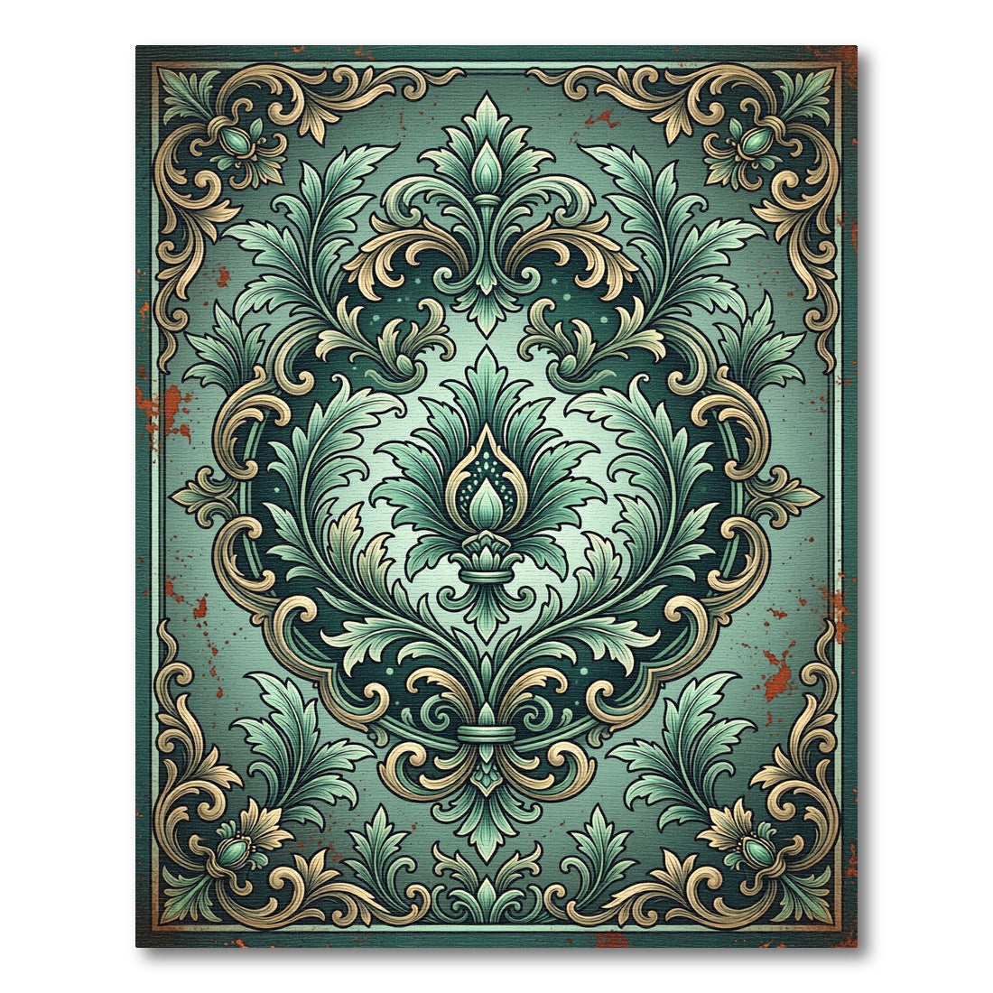 Antique Teal and Gold Acanthus Scroll Rug