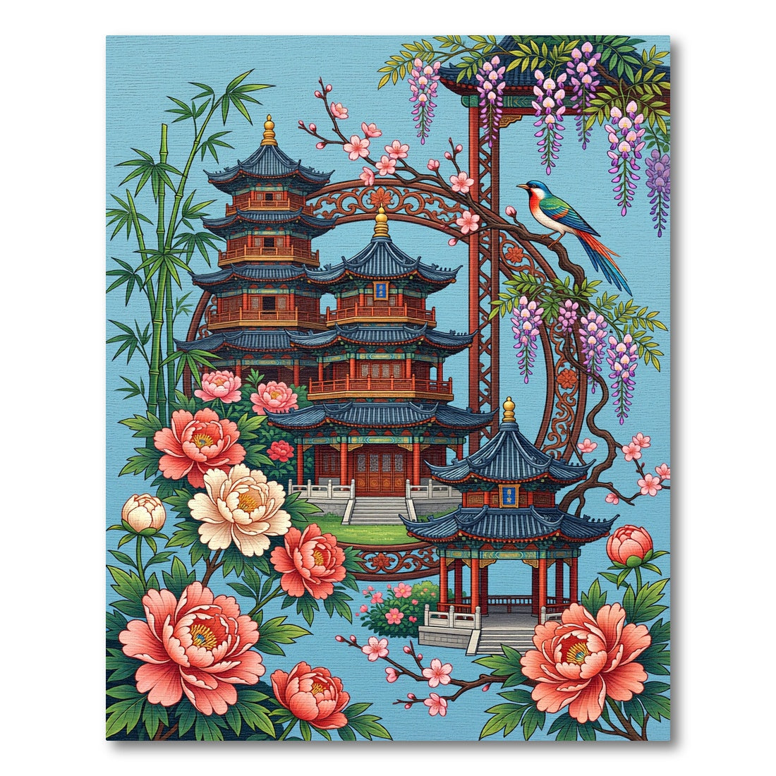 Pagoda Garden Floral Silk Blue Area Rug