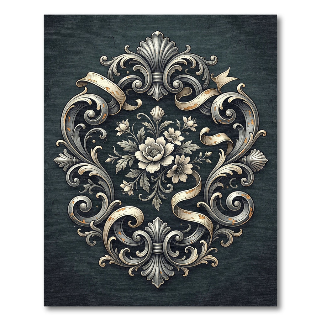 Ornate Metallic Silver Floral Scroll Rug