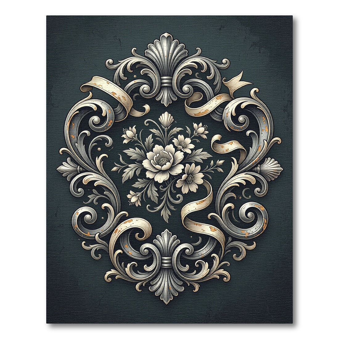 Ornate Metallic Silver Floral Scroll Rug