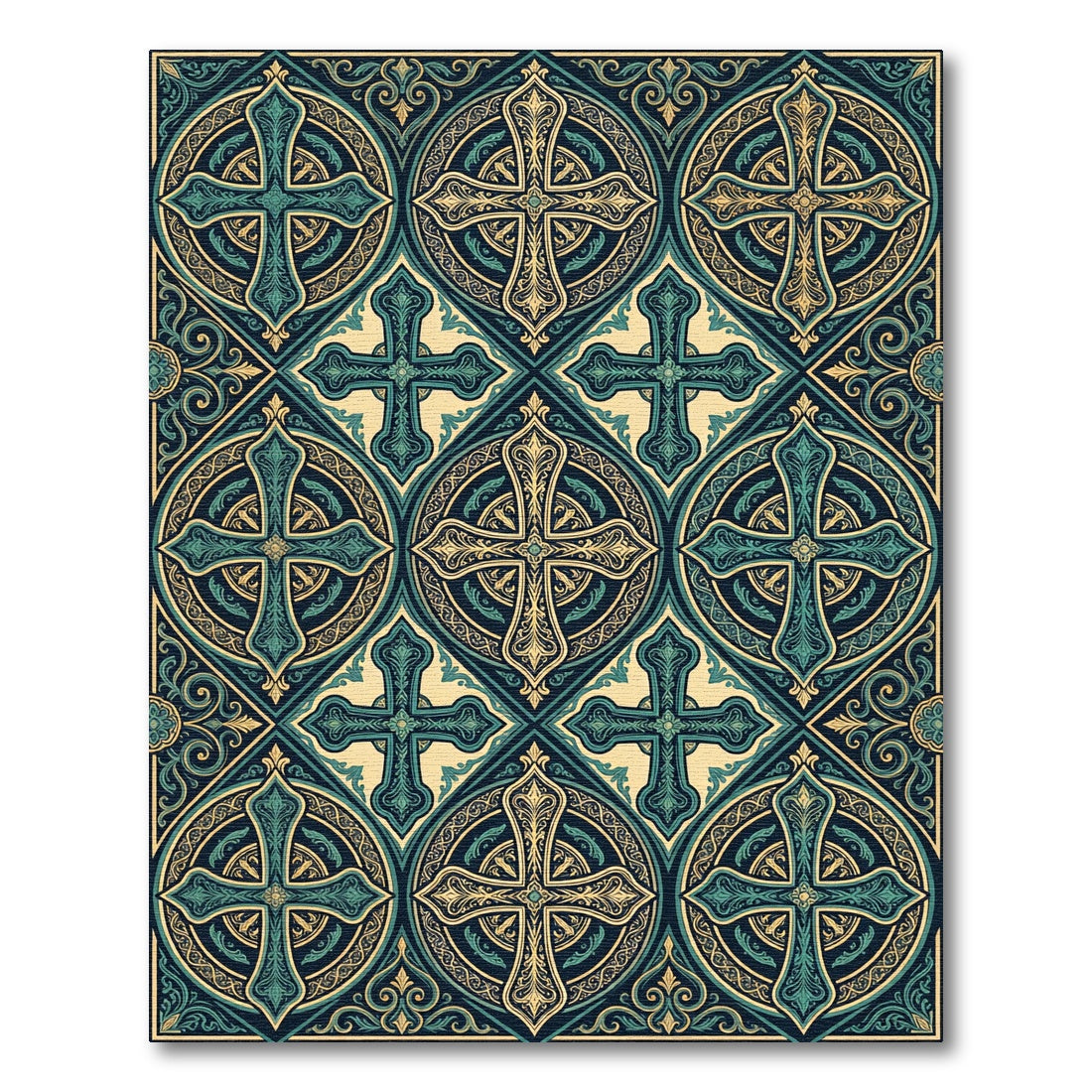 Emerald Teal Cross Medallion Pattern Rug