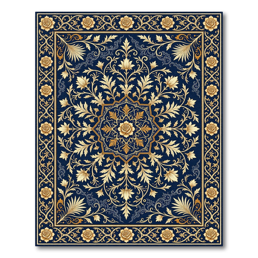 Golden Floral Medallion Navy Foliage Rug