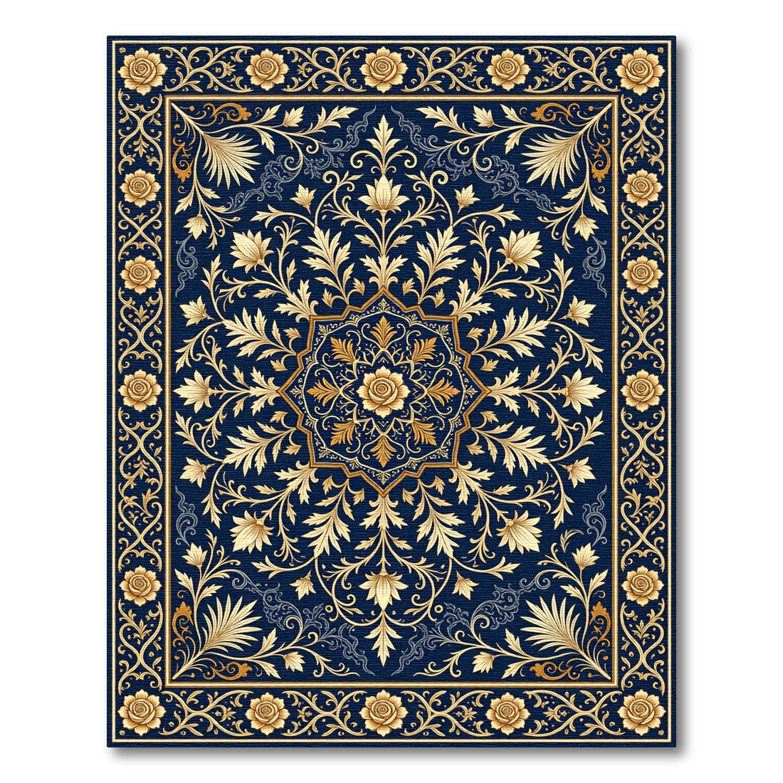Golden Floral Medallion Navy Foliage Rug