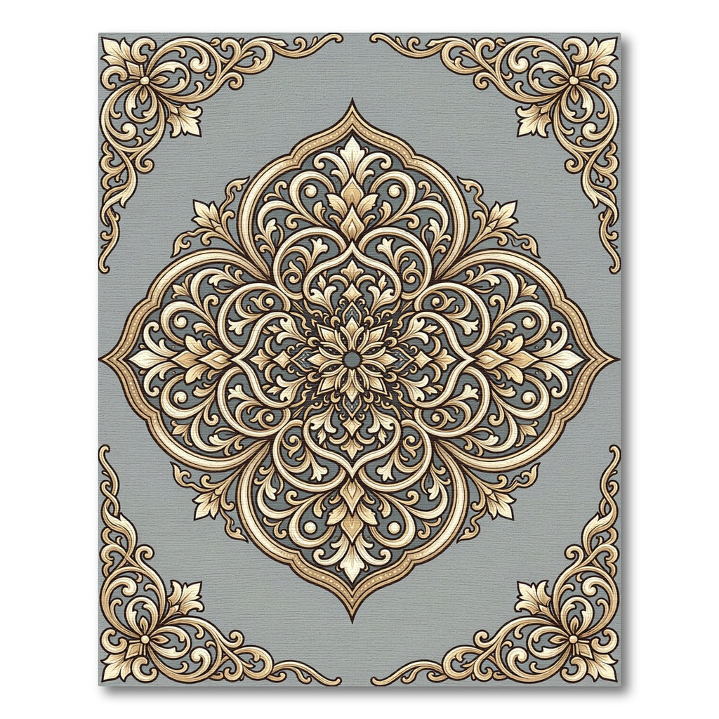 Elegant Gold Scrolling Floral Medallion Rug