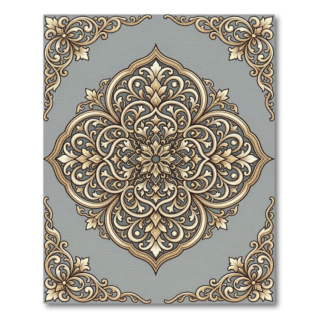 Elegant Gold Scrolling Floral Medallion Rug