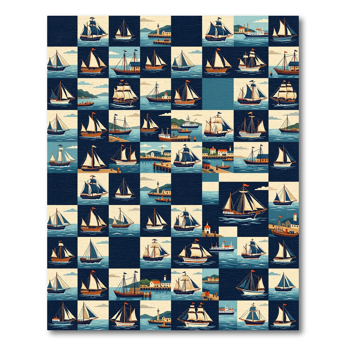 Nautical Navy Grid Sailing Ship Art Rug