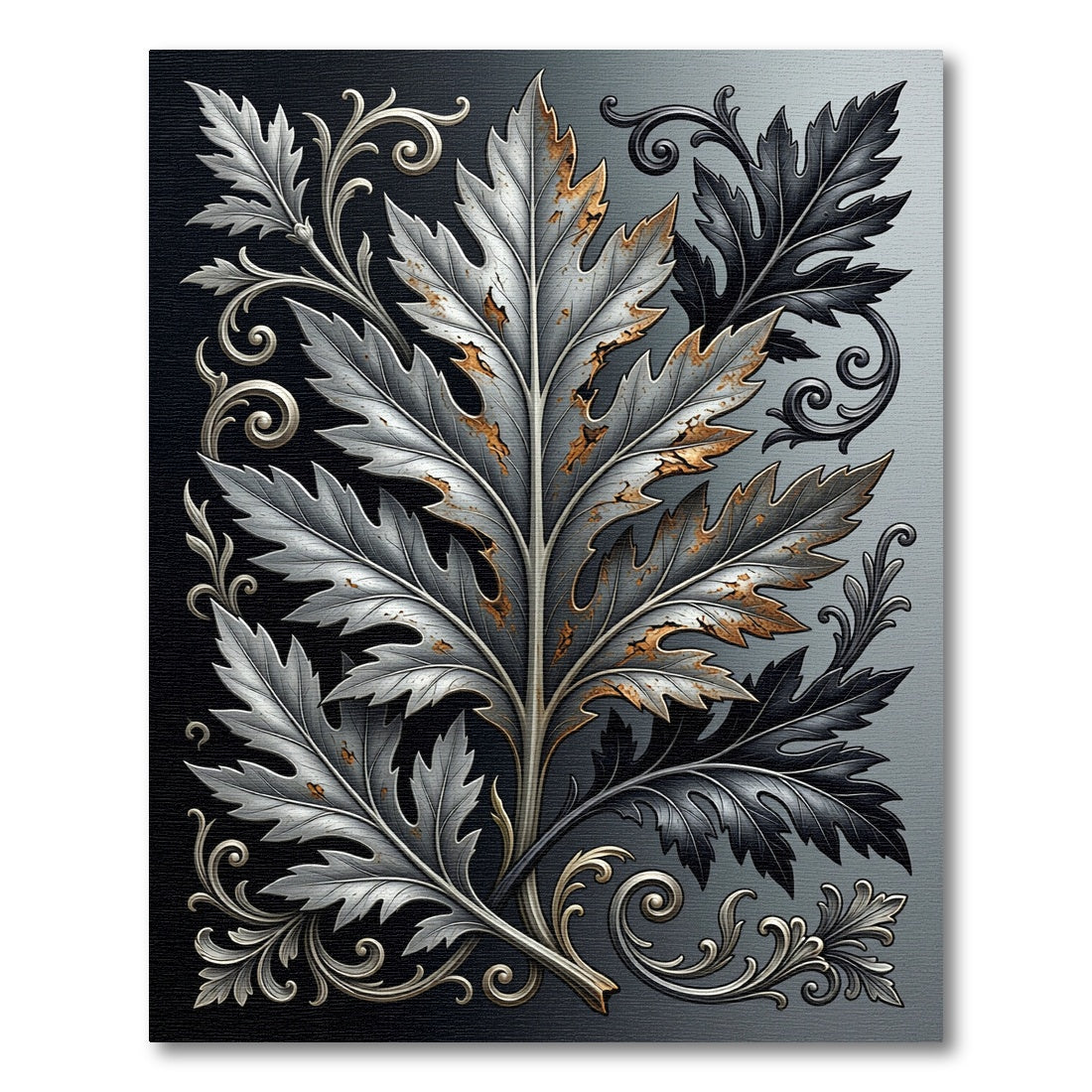 Metallic Silver Iron Acanthus Leaf Scroll Rug